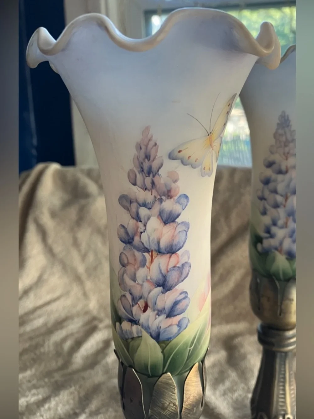 Pair Hand-Painted Vintage Blue Floral Butterfly Frosted Glass Table Lamps